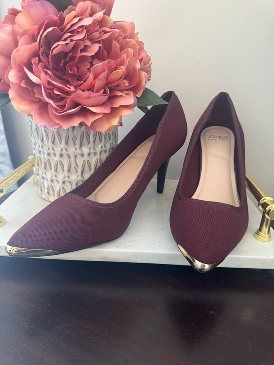 Jones New York Shoes - Jones New York Burgundy Pointed Toe Heels with Gold Toe Caps